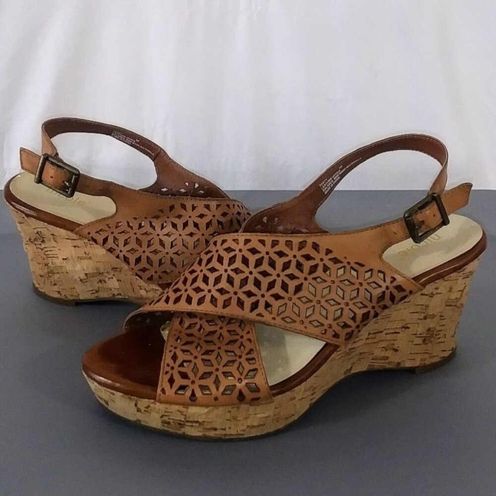 Nicole Women's Brown Leather Party Platform Wedge Slingback Heels Shoes Size 9M